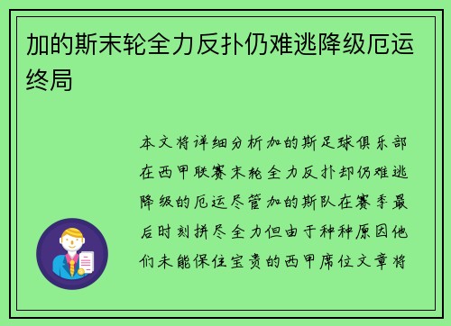 加的斯末轮全力反扑仍难逃降级厄运终局